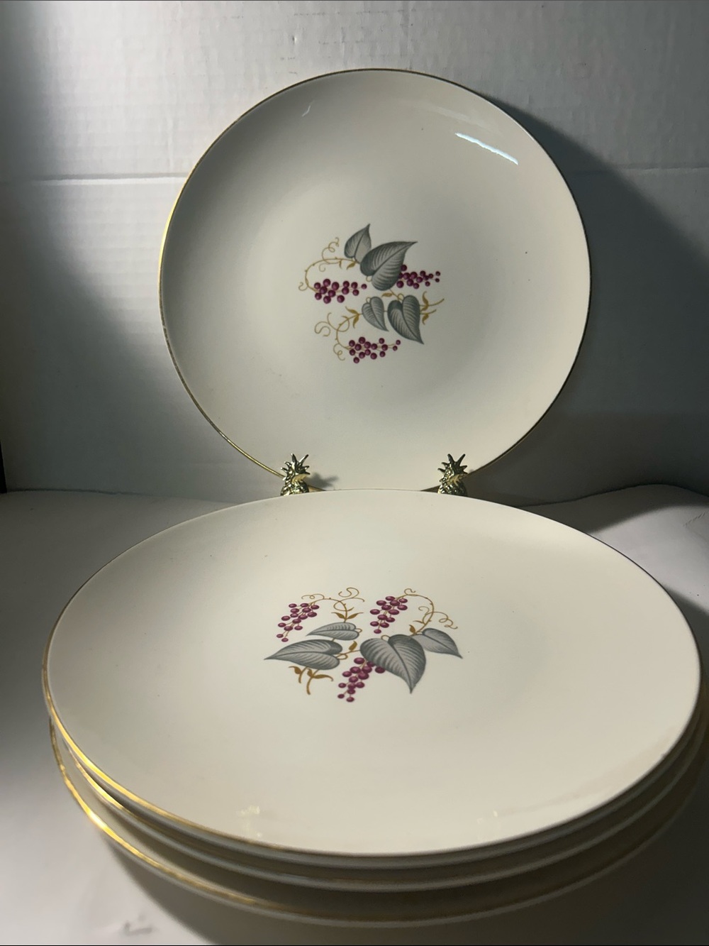 Knowles Cream Porcelain Dinner Plates with Purple Grape Design and Gold Rim